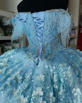 Sky Blue Ball Gown Off-Shoulder 3D Floral Applique Feather Tulle Quinceanera Dress for Sweet 16 & Princess Birthday Parties